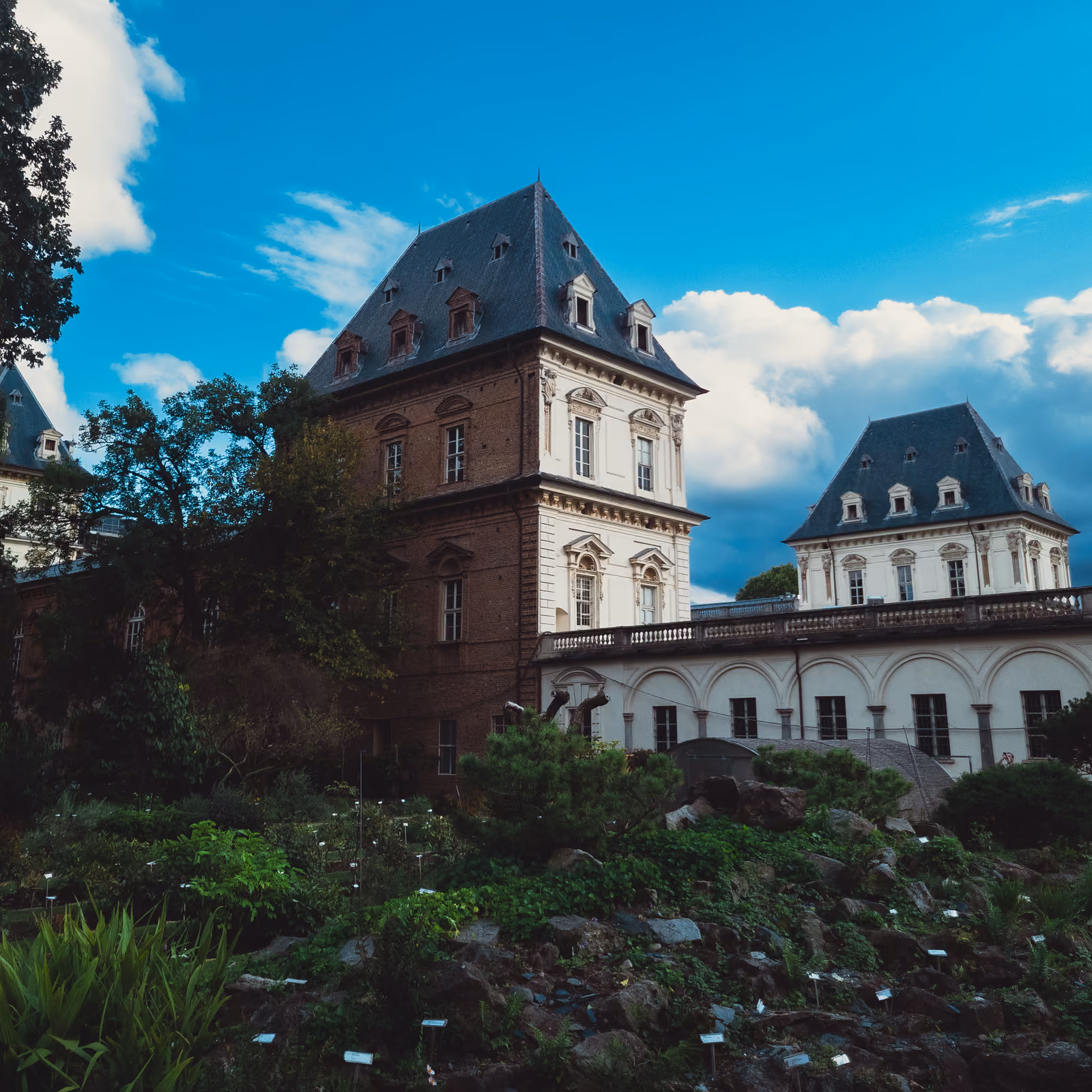 Un edificio storico con torri e tetti a padiglione, visto oltre la vegetazione di un giardino botanico.